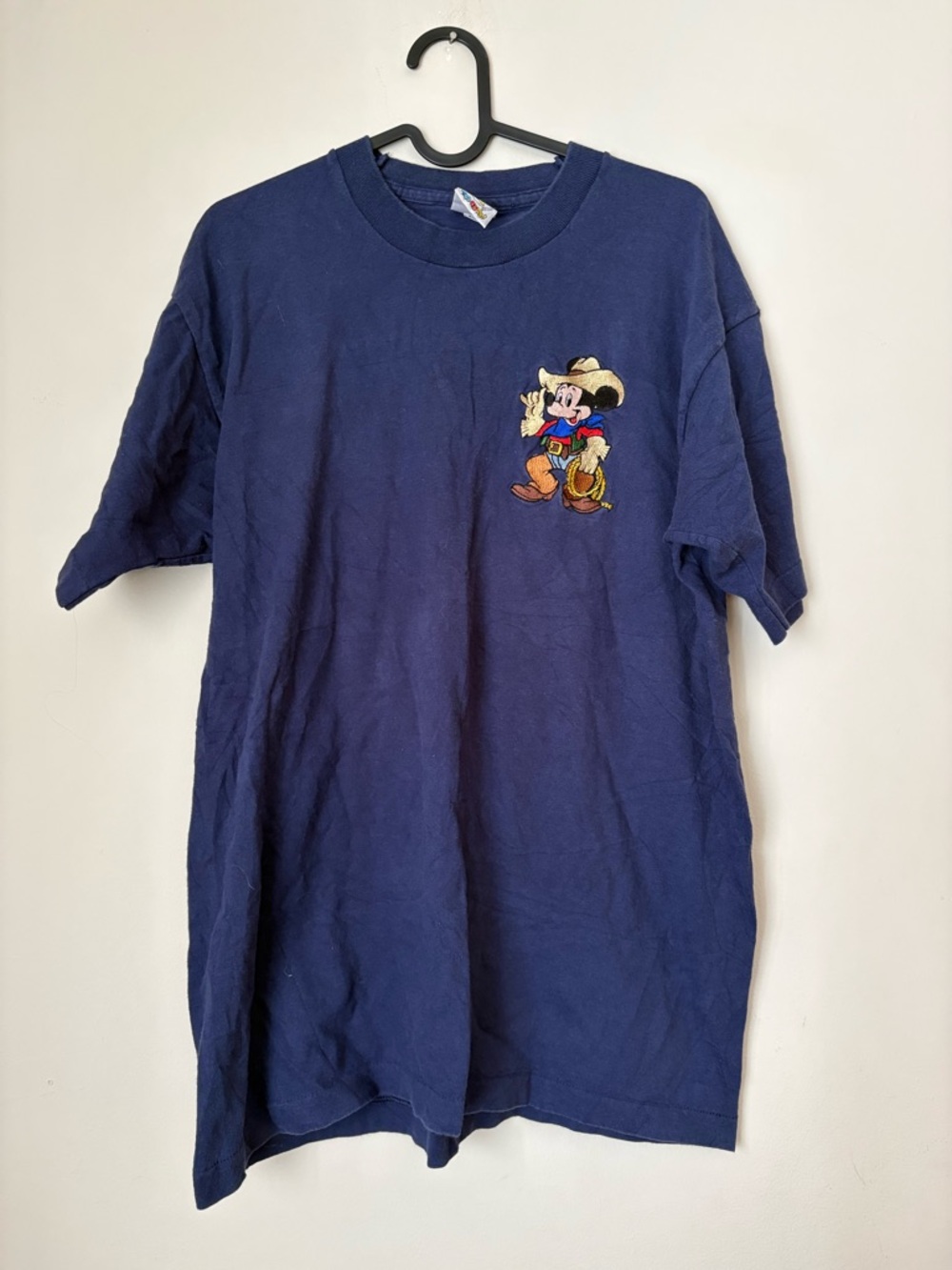 Vintage 90s Disney Navy Blue Short Sleeve Tee with Cowboy Mickey Embroidery